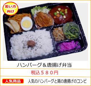ハンバーグ＆唐揚げ弁当　税込５８０円　人気のハンバーグと鶏の唐揚げのコンビ